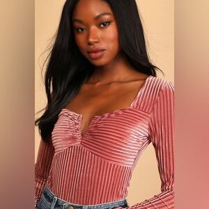Lulu’s Ready To Go Out Rusty Rose Velvet Striped Long Sleeve Bodysuit